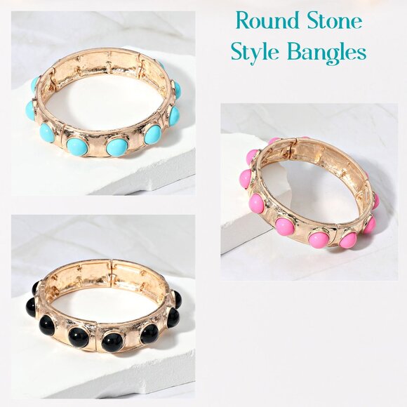 Baroque Vibe Gold Stretch Bangle Bracelets with Colorful Geometric Stones NEW - Picture 5 of 16